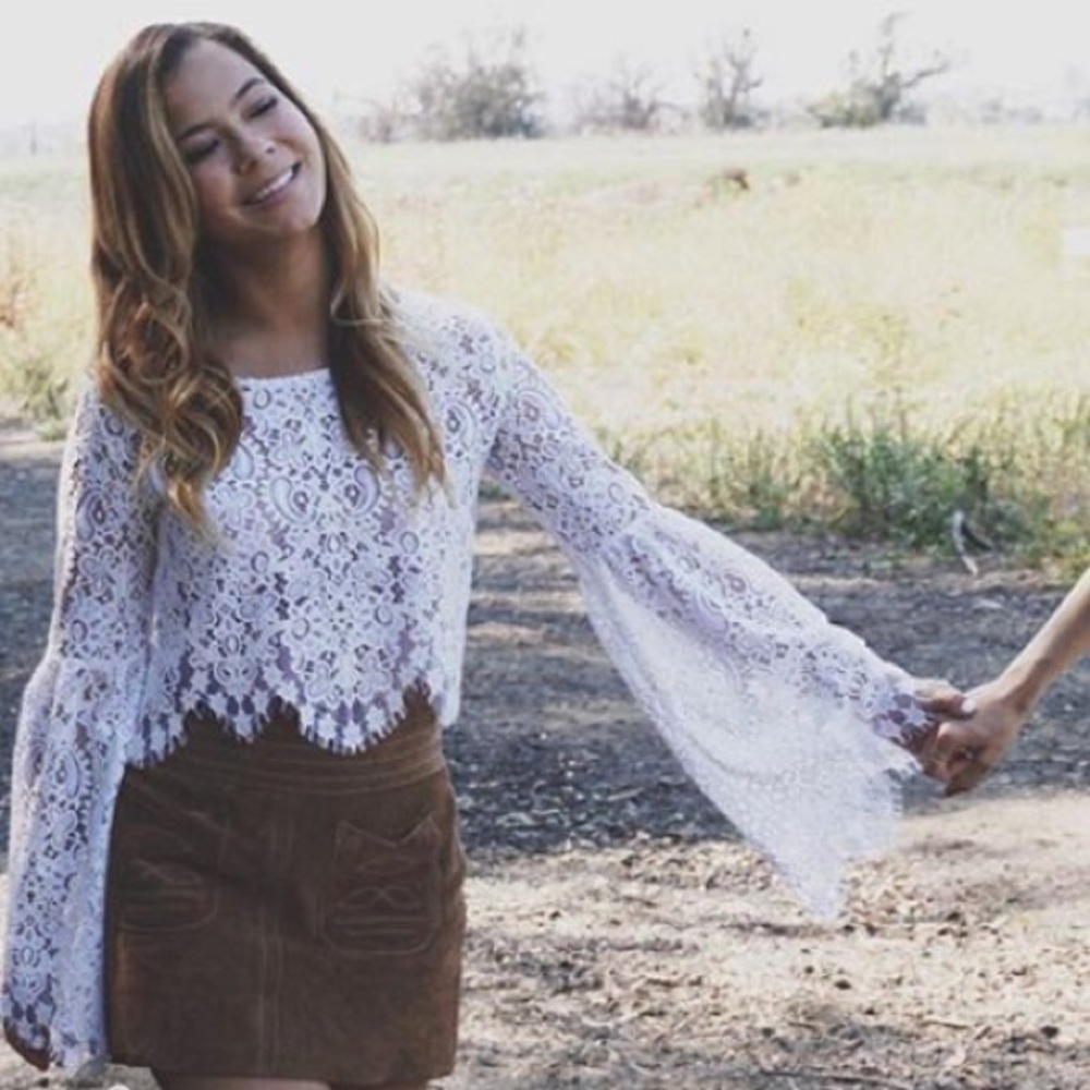 For Love & Lemons White Lace Bell-Sleeve Crop Top